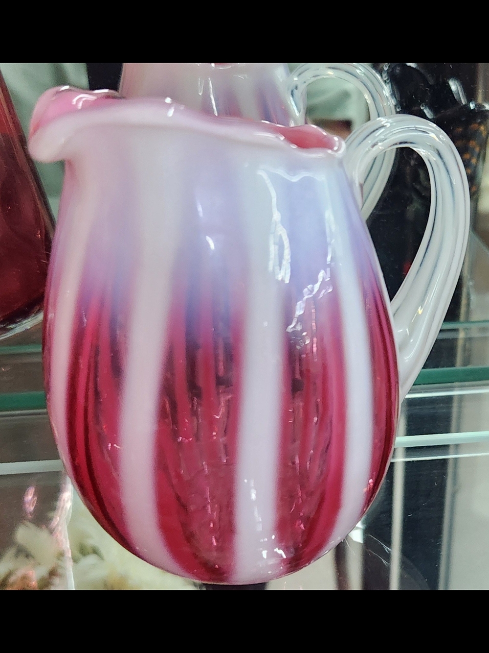 Pink and White Striped Glass Pitcher